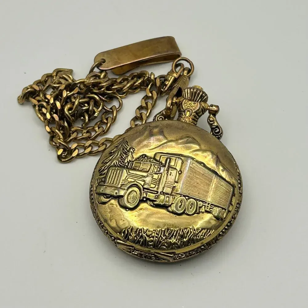 Vintage Details Gold Tone Truck Emblem Cover Pocket Quartz Watch